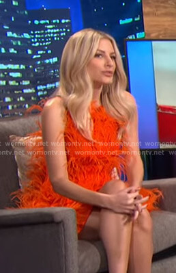 Morgan's orange feather embellished mini dress on E! News Nightly Pop