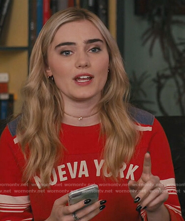 Taylor's red Nueva York sweatshirt on American Housewife