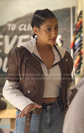 Stella's white cropped hoodie and short sleeve moto jacket on Dollface