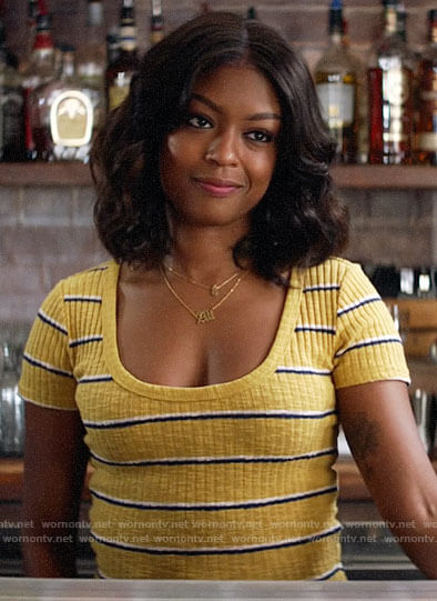 Ali's yellow stripe top on God Friended Me