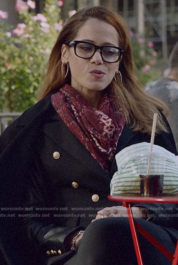Amanda's black leather sleeve blazer and red snake scarf on Almost Family
