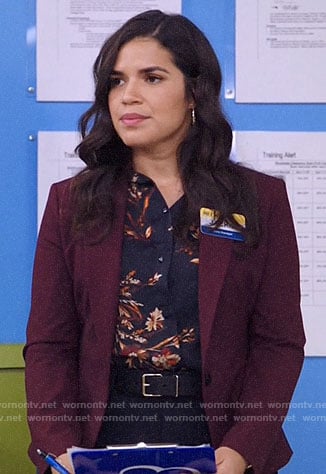 Amy's black floral button down blouse on Superstore