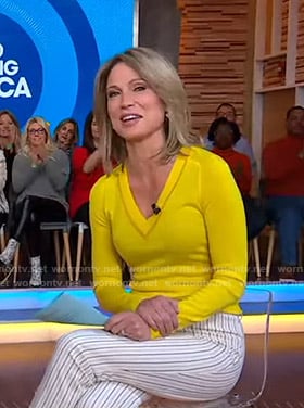 Amy's yellow v-neck sweater and striped pants on Good Morning America