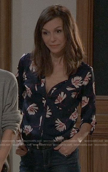 Anna's navy floral button down blouse on General Hospital