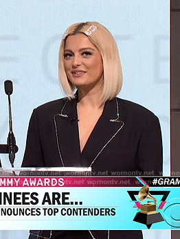 Bebe Rexha's black rhinestone-trim oversized blazer on CBS This Morning