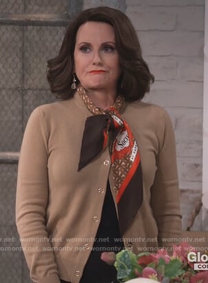 Karen's beige scarf tie cardigan on Will and Grace