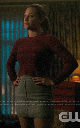 Betty's pink striped sweater and denim skirt on Riverdale