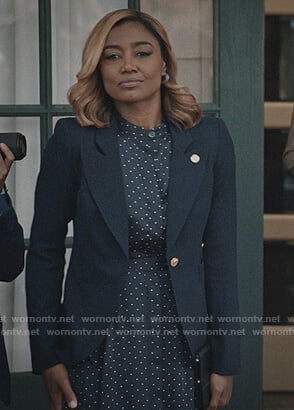 Daisy's polka dot dress and blazer on Madam Secretary