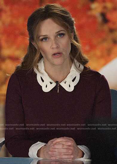 Bradley's dark red dress with white collar on The Morning Show