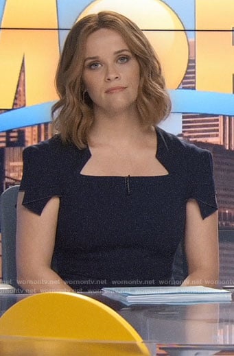 Bradley's navy cap sleeve dress on The Morning Show