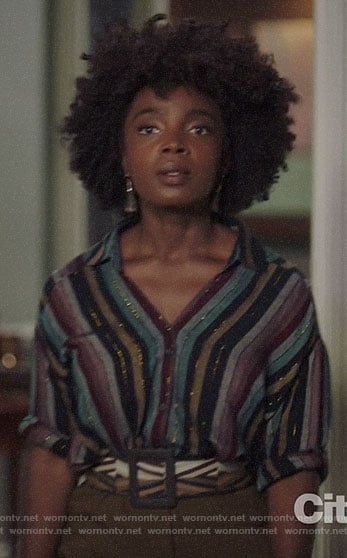 Briana's metallic striped shirt on Bluff City Law
