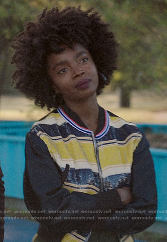 Briana's yellow sequin stripe bomber jacket on Bluff City Law