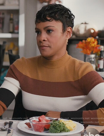 Angela's brown striped sweater on American Housewife