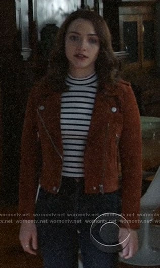 Cara's striped top and suede moto jacket on God Friended Me