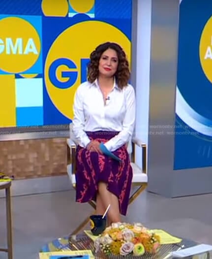 Cecilia's purple printed pleated skirt on Good Morning America