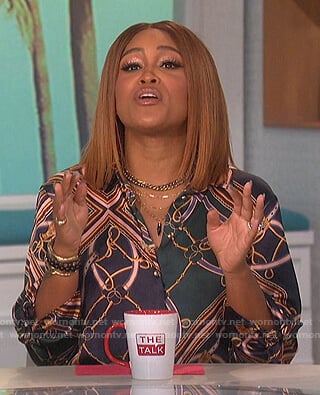 Eve's chain print blouse and leather skirt on The Talk