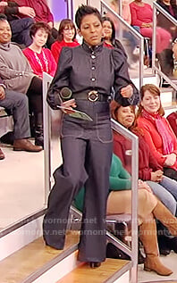 Tamron's denim tie waist jumpsuit on Tamron Hall Show