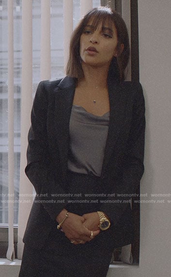 Edie's black suit and grey satin cami on Almost Family