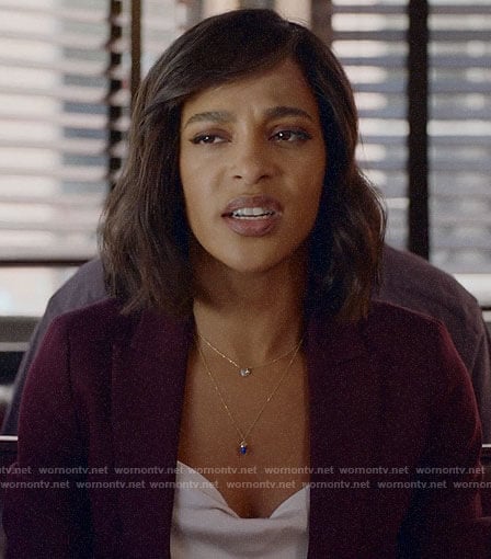 Edie's burgundy suit and cowl neck top on Almost Family