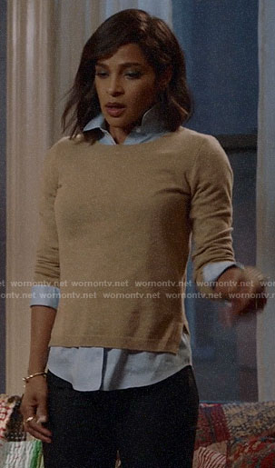 Edie's camel sweater on Almost Family