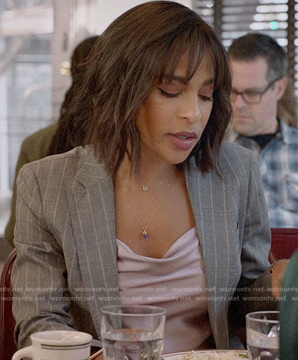 Edie's grey pinstripe suit on Almost Family