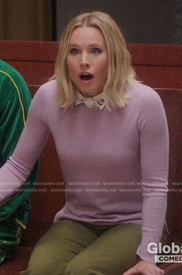 Eleanor's lilac sweater and cherry print shirt on The Good Place
