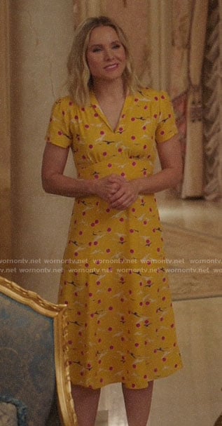 Eleanor's yellow bird and dot print dress on The Good Place