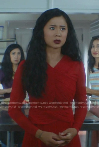 George's red v-neck chiffon midi dress on Nancy Drew