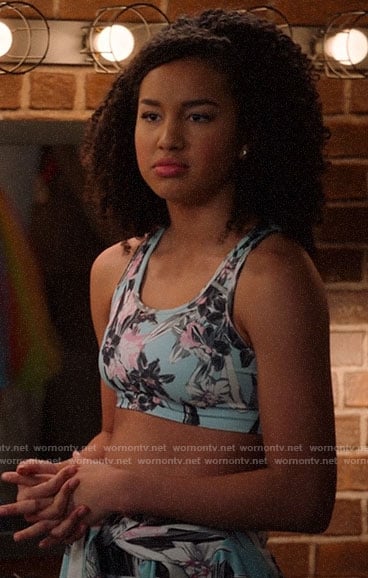 Gina's blue floral sports bra and leggings on High School Musical The Musical The Series