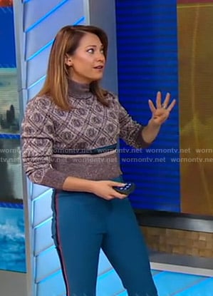 Ginger's printed sweater and blue side striped pants on Good Morning America