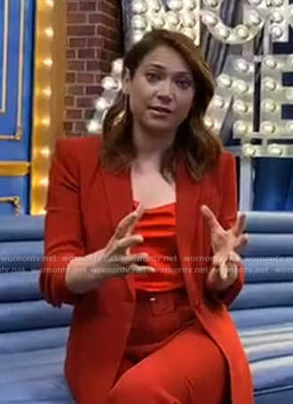 Ginger's red ruched sleeve blazer and pants on Good Morning America