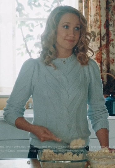 Ginny's blue cable knit sweater on Perfect Harmony