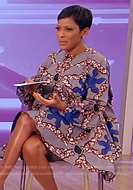 Tamron's gray floral flared dress on Tamron Hall Show