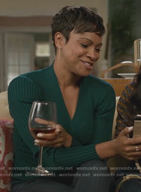 Angela's green ribbed wrap sweater on American Housewife