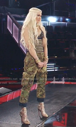 Gwen Stefani's metallic polka dot top and military pants on The Voice