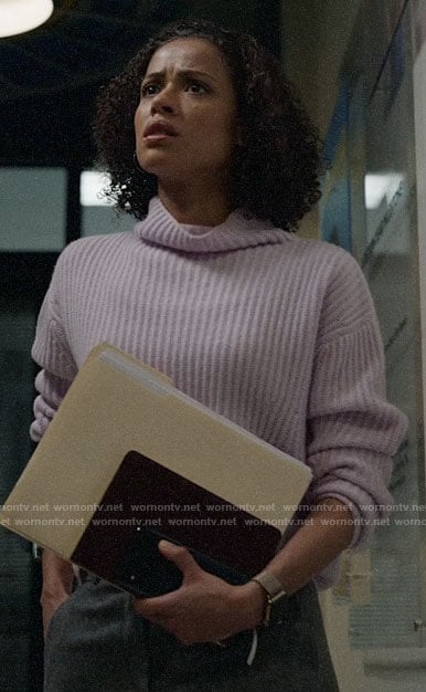 Hannah's pink funnel neck sweater on The Morning Show
