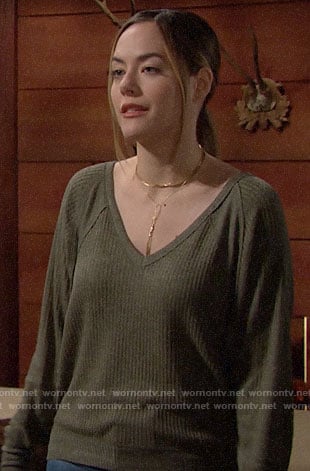 Hope's olive green v-neck thermal top on The Bold and the Beautiful