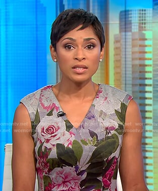 Jericka's grey flroal v-neck dress on CBS This Morning