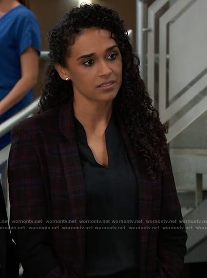 Jordan's plaid blazer with zip pockets on General Hospital