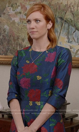 Julia's blue floral jacquard dress on Almost Family