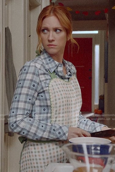 Julia's blue plaid embroidered shirt on Almost Family