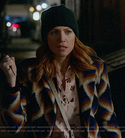 Julia's geometric print coat on Almost Family
