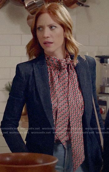 Julia's geometric tie neck blouse and denim blazer on Almost Family