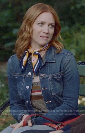 Julia's striped sweater and denim jacket on Almost Family