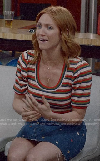Julia's striped top and floral embroidered denim skirt on Almost Family
