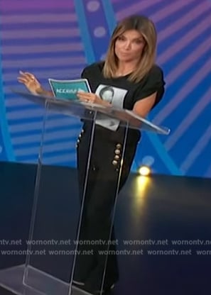 Kit's navy pants with gold buttons on Access Hollywood