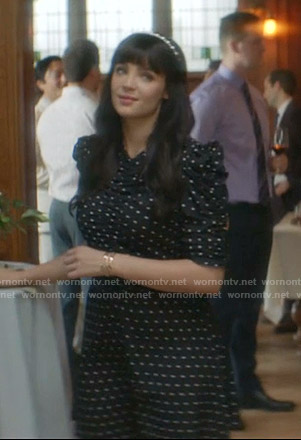 Laura Tandy's black polka dot ruched mini dress on Nancy Drew