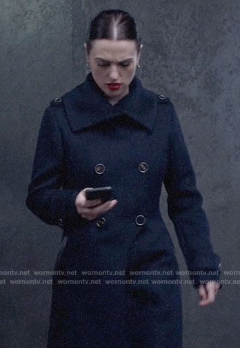 Lena's navy double-breasted coat on Supergirl