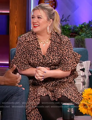 Kelly's leopard ruffle trim dress on The Kelly Clarkson Show