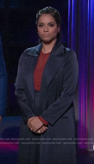 Lilly Singh's long navy satin jacket on A Little Late with Lilly Singh